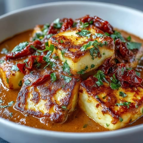 Golden-brown halloumi cubes simmer in a creamy tomato coconut curry, garnished with cilantro.