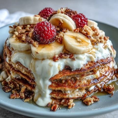 A golden Protein Pancake Bowl stacked high with bananas, berries, nuts, and a drizzle of honey