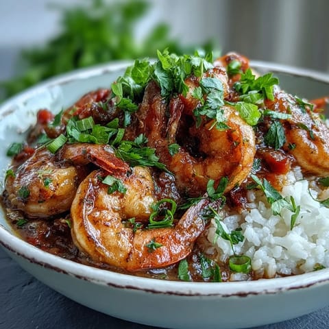 Classic New Orleans Étouffée served over fluffy white rice, garnished with fresh parsley and chopped green onions.