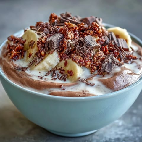 A thick, frosty bowl of chocolate and peanut butter smoothie, garnished with dark chocolate chunks and banana slices.
