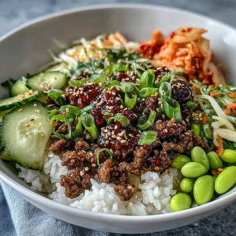 A vibrant Korean Ground Beef Bowl featuring spicy ground beef, fresh veggies, and sesame seeds on white rice.