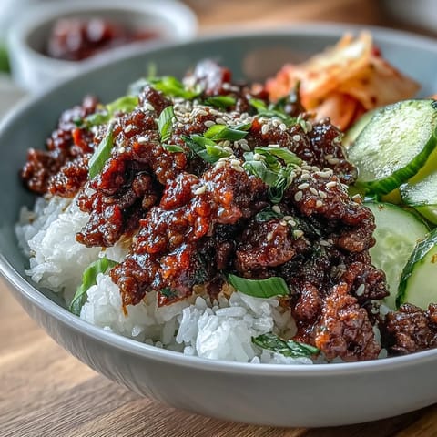 Colorful Korean Beef Bowl featuring seasoned ground beef, vibrant kimchi, and crunchy vegetables, perfect for a quick and easy weeknight dinner for four.