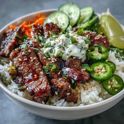 A colorful Korean Beef Power Bowl with fluffy rice topped with sesame beef, pickled carrots, and creamy sriracha mayo.