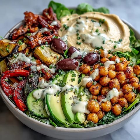 Freshly roasted Mediterranean vegetables, crispy chickpeas, and creamy avocado make this Vegan Mediterranean Buddha Bowl a colorful and healthy dinner.