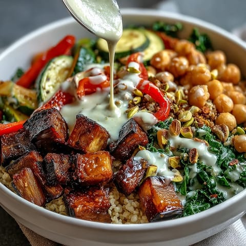 Vibrant Mediterranean Buddha Bowl Meal Prep with roasted eggplant and sweet peppers atop bulgur pilaf.