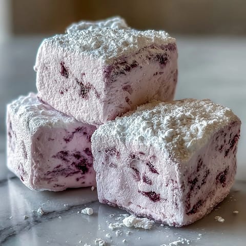 Bright purple Black Currant Marshmallows rest on a parchment-lined tray, ready to be cut into neat squares with a dusted knife.