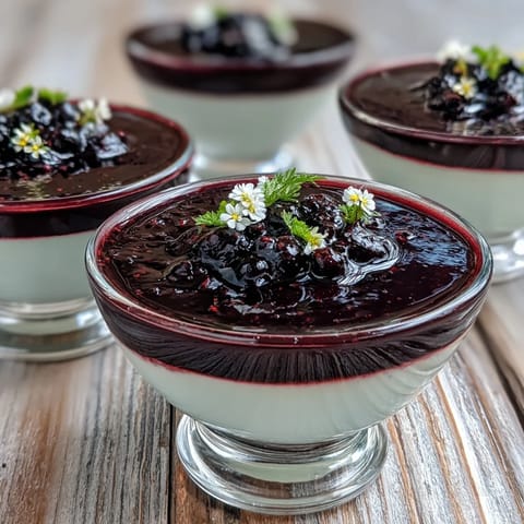 A chilled Black Currant Panna Cotta in a glass ramekin, garnished with fresh berries and a sprig of mint.