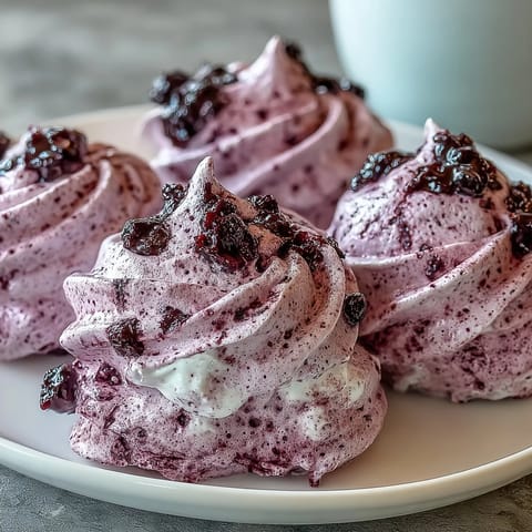 Homemade Black Currant Meringues are plated beside fresh berries, highlighting their gluten-free and airy texture.