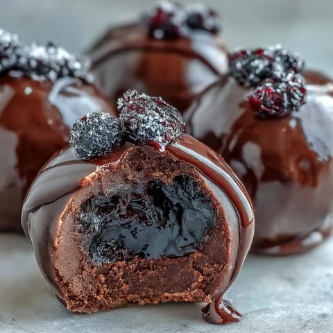A close-up view of homemade Black Currant Chocolate Truffles coated in rich dark chocolate and dusted with cocoa powder. These bite-sized European desserts offer a glossy finish and deep cocoa aroma, perfect for an elegant party platter or sweet treat.