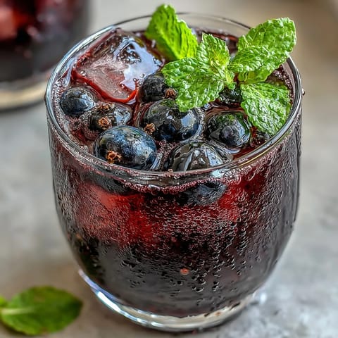 Creamy Black Currant It Berry Celebration Drink smoothie topped with banana slices and a striped straw.