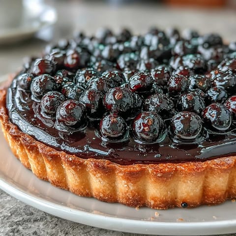 Close-up of a crisp, buttery tart shell filled with glossy black currant curd and topped with fresh berries and mint.