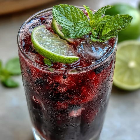A close-up of a vibrant Black Currant Mocktail garnished with fresh mint and lime slices over ice.