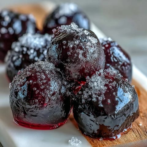 Homemade Black Currant Gummies dusted in sugar, served on a rustic wooden board for candy lovers.