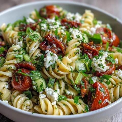 Fresh Lemon Vinaigrette Pasta Salad with Cucumbers and Cherry Tomatoes, a vibrant summer dish bursting with color and citrus flavor.