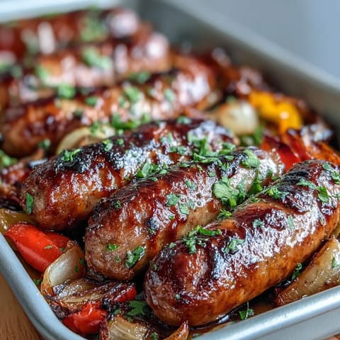 Oven-roasted sausages and peppers, golden and juicy, served with crusty bread for a hearty dinner.  