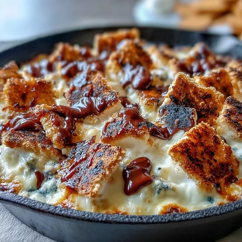Gooey 4th of July smores dip in cast iron skillet, with melted chocolate and golden toasted marshmallows ready for dipping.