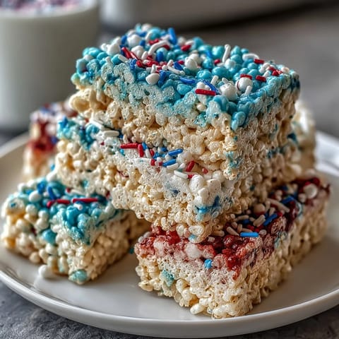 Patriotic Rice Krispies Treats with red, white, and blue layers, perfect for 4th of July celebrations.