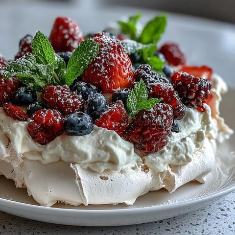 Classic Pavlova with Fresh Berries and Cream, a crisp meringue dessert topped with luscious whipped cream and vibrant mixed berries.  