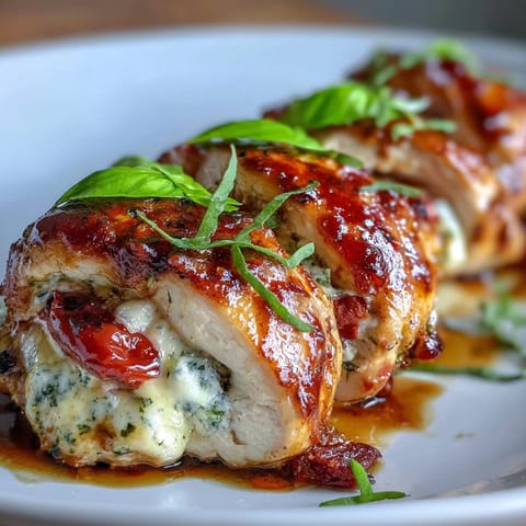 Caprese stuffed chicken breast with melted mozzarella, ripe tomatoes, and fresh basil, baked until golden and juicy.