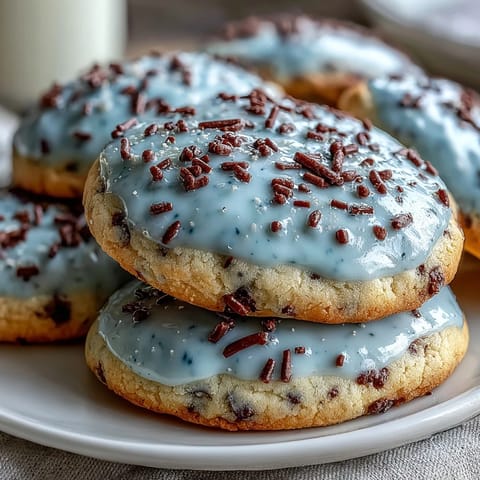 A plate of robins egg speckled sugar cookies with blue icing and cocoa speckles, perfect for spring celebrations.