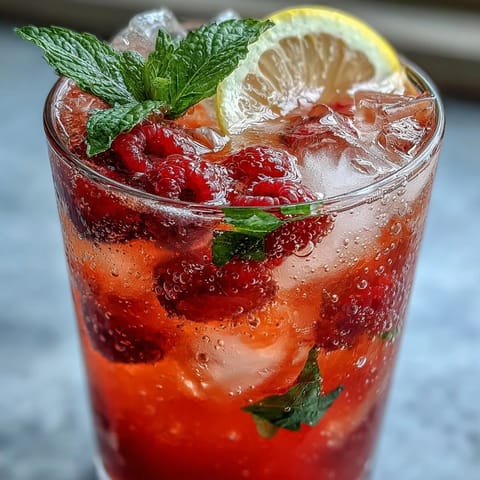 Vibrant Raspberry Lemon Spritz Mocktail with fresh raspberries, zesty lemon, and sparkling water—perfect for a refreshing summer drink.
