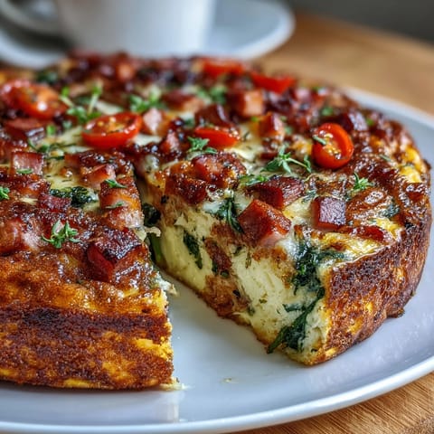 Savory One-Pan Ham and Swiss Frittata with fluffy eggs, diced ham, and melted Swiss cheese, perfect for a hearty brunch.