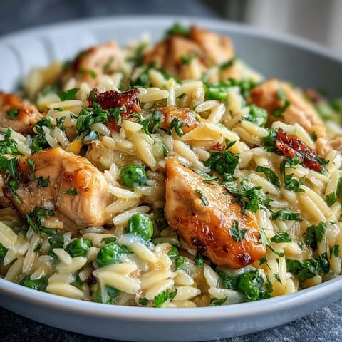 One-Pot Lemon Orzo with Chicken and Peas in a creamy skillet dinner with tender chicken, bright lemon, and sweet peas.