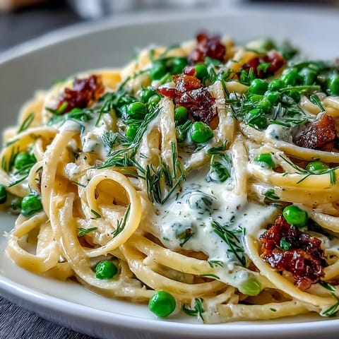 Spring pasta with lemon cream sauce and peas, a vibrant vegetarian dish with tender green peas and silky lemon cream sauce.