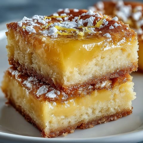 Lemon bar cookies with tangy lemon curd filling and powdered sugar dusting on a white plate.  