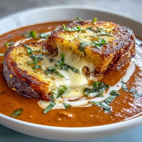 Velvety tomato soup infused with garlic and basil, crowned with golden grilled cheese crouton cubes.  