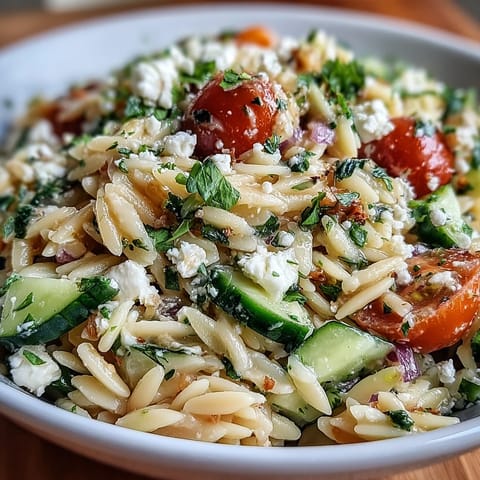 Refreshing orzo salad with feta and cucumber, bright with lemon dressing.