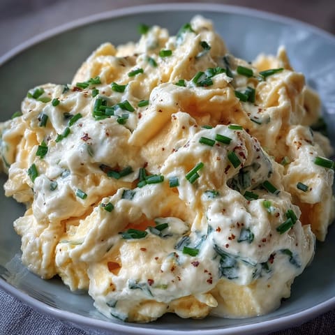 A high-protein breakfast of tender cottage cheese scrambled eggs, perfectly fluffy.