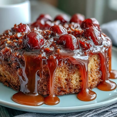 Moist Cherry Almond Upside-Down Cake, featuring warm, sweet cherries and nutty crumb.