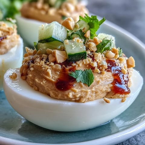 Thai peanut deviled eggs with cucumber relish, a vibrant appetizer.