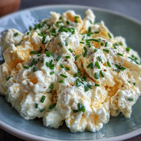 Golden cottage cheese scrambled eggs, fluffy and creamy, served with fresh chives.