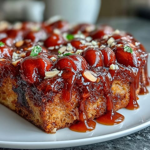 Glistening Cherry Almond Upside-Down Cake topped with caramelized fruit, baked golden.