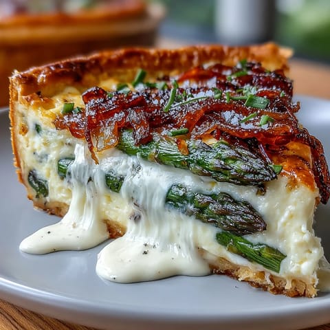 Golden Spring Asparagus Quiche with Gruyère, flaky crust, and tender caramelized shallots, perfect for a weekend brunch.