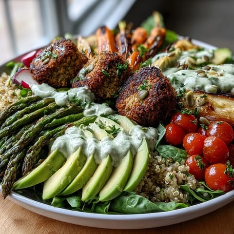 Spring Buddha Bowl with roasted vegetables, crispy falafel, and lemon-tahini dressing in a vibrant, nourishing bowl.