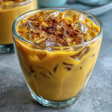 Vibrant Turmeric Golden Milk Iced Latte with creamy spices chilled in glass.