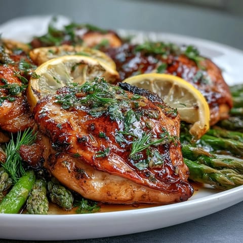 Juicy lemon herb chicken nestled with tender asparagus on a sheet pan.