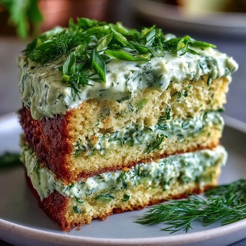 Savory Pickle Cake with tangy dill frosting, a unique appetizer delight.