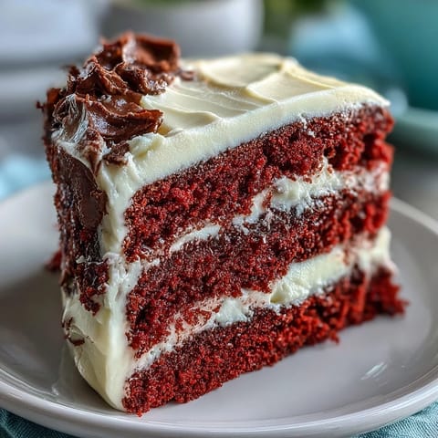 Bright red velvet cake with luscious cream cheese frosting, ready for celebration.