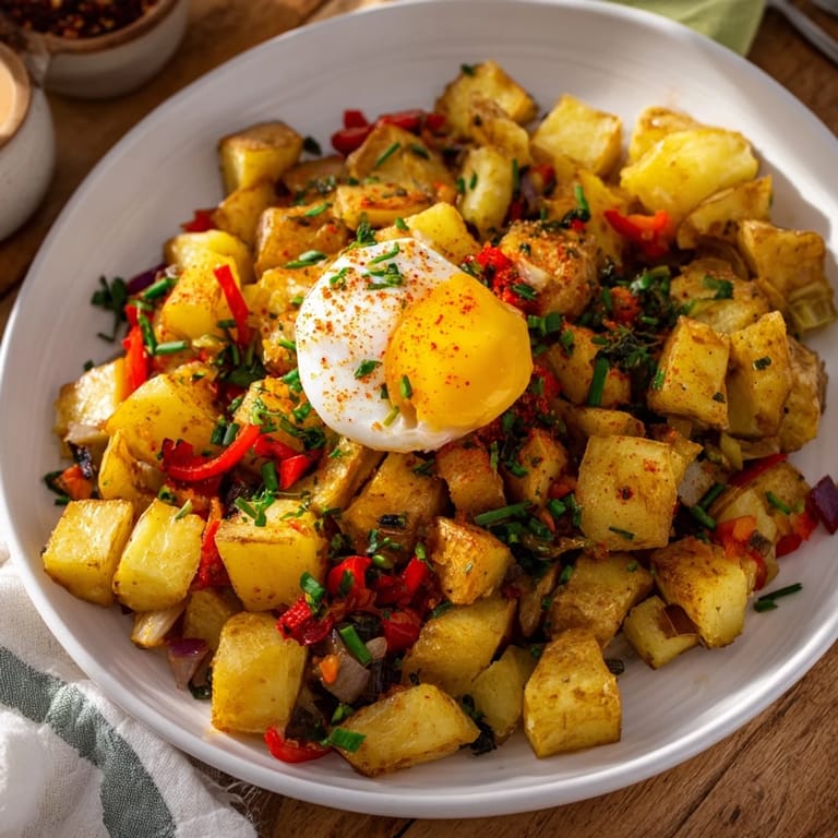 Imagine a rustic Simple Skillet Egg and Potato Hash, showcasing fluffy eggs atop a medley of colorful veggies.