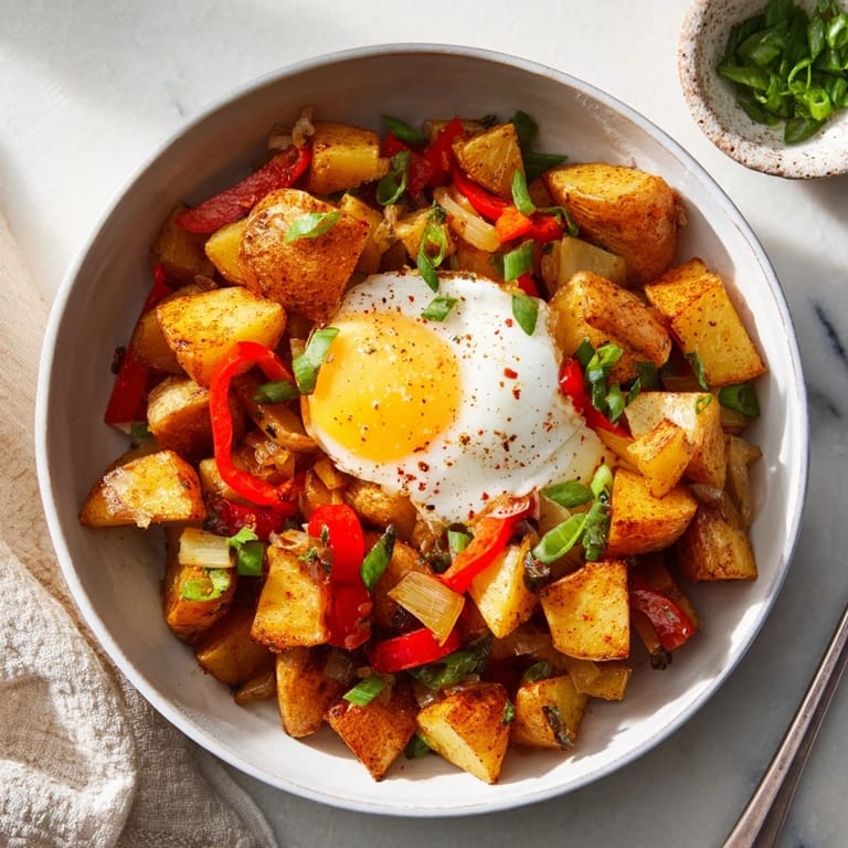 Served steaming, this Simple Skillet Egg and Potato Hash, with herbs, offers a taste of home-cooked goodness.