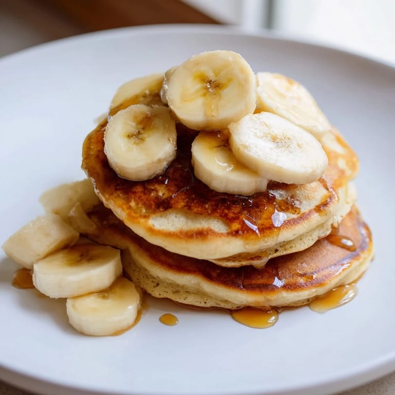 Warm and inviting photo of golden-brunch banana pancakes served with syrup and banana slices, a perfect brunch.