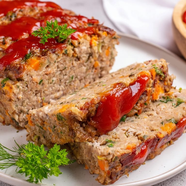 This Everyday Herb-Sprigged Turkey Meatloaf displays a savory loaf, ready for slicing, fresh from the oven.
