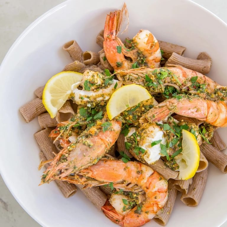Close-up of the flavorful Light & Bright Lemon Herb Shrimp Scampi, served with whole grain pasta.