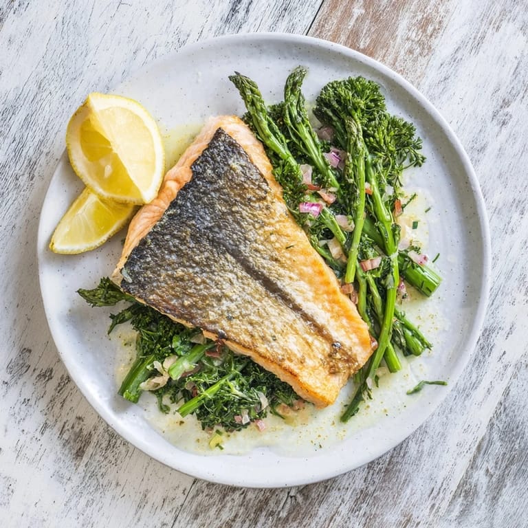 A close-up of flaky Skillet Lemon-Butter Salmon, perfectly paired with fresh asparagus and lemon garnish.