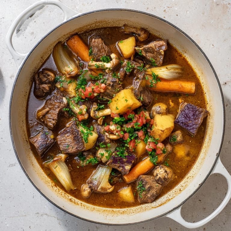 Golden crusty homemade bread beside a bowl of vibrant, savory earthy beef stew, ready to enjoy.