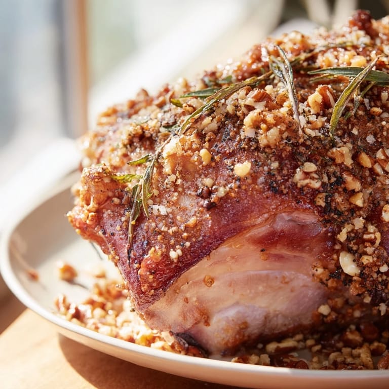 Sliced Thyme and Pecan Crusted Pork Tenderloin, showcasing a juicy interior, ready to serve and eat.